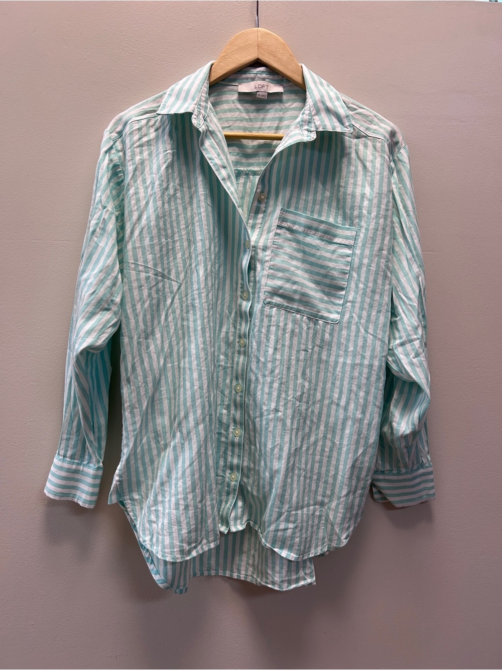 LOFT Mint Green Striped Oversized Button-Up Shirt